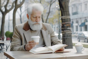 Elderly man enjoying a book and coffee in a serene outdoor cafe setting.