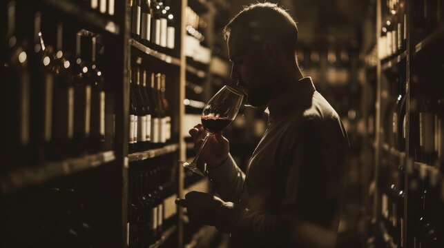 Sommelier carefully evaluates the aroma and flavor of red wine in a traditional wine cellar