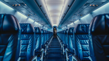 Obraz premium interior of an airplane, A Pristine and Empty Airplane Cabin with Neatly Arranged Rows of Blue Seats Leading to the Cockpit Door Evoking a Sense of Calm and Anticipation Before a Flight Begins