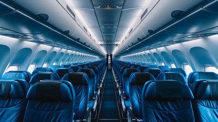 interior of an airplane, A Pristine and Empty Airplane Cabin with Neatly Arranged Rows of Blue Seats Leading to the Cockpit Door Evoking a Sense of Calm and Anticipation Before a Flight Begins