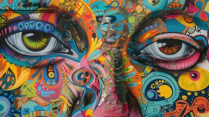 Fototapeta premium Artistic mural with colorful details, street art style, realistic studio lighting, highresolution background