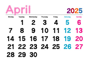 2025年4月の刺繍文字風カレンダー月曜始まり日本の祝日表記無し
