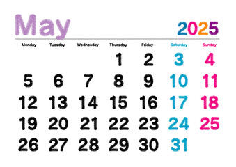 2025年5月の刺繍文字風カレンダー月曜始まり日本の祝日表記無し
