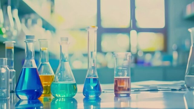 A lab bench with five pieces of glassware, containing blue, yellow, and orange liquids.
