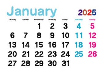 2025年1月の刺繍文字風カレンダー月曜始まり日本の祝日表記無し
