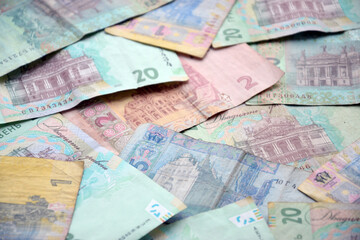 Processed collage of Ukrainian Hryvnia UAH bills banknotes texture. Background for banner