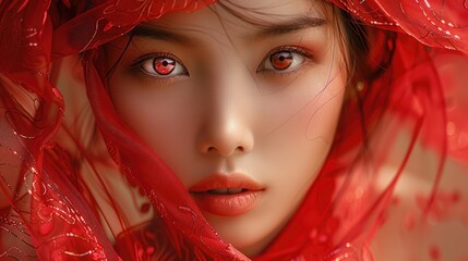 Vietnamese girl in a red dress with a red veil. Generative AI.