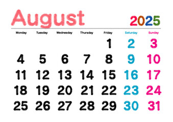 2025年8月の刺繍文字風カレンダー月曜始まり日本の祝日表記無し
