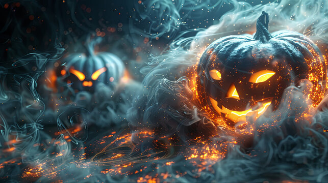 Glowing jack-o'-lanterns with mystical smoke in dark eerie setting Halloween night