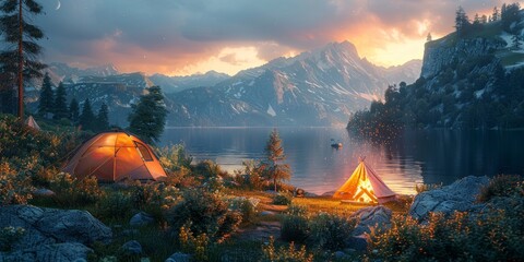 Friends camping by the lake on International Day of Camping, July 19th, bonfire, tents, starry night, outdoor adventure,