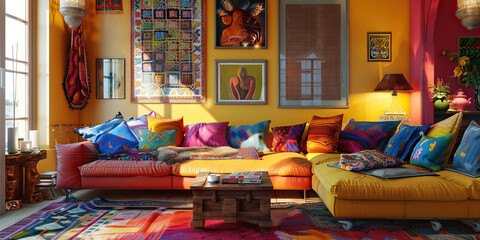 Vibrant Global Living: Colorful artwork, patterned textiles, and international accents bring the world home in this unique living space.