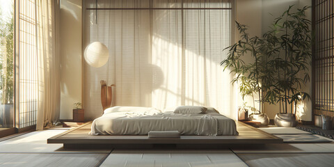 Minimalist Zen Den: A sleek platform bed, clean lines, and calming color palette create a peaceful sanctuary.