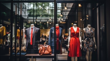 50  off dresses promotion sign on women s clothing store glass door   storefront exterior view