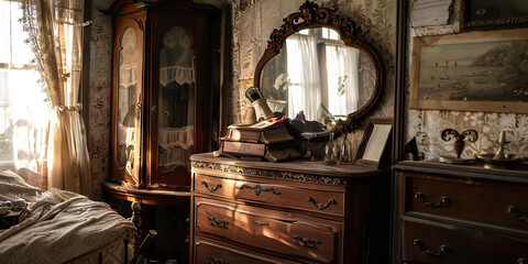 Fototapeta premium Antique Homey Haven: A restored antique dresser, ornate mirror, and oil painting adorn a charming bedroom.