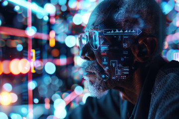 Insightful Senior Analyzing Data with Futuristic Digital Interface 