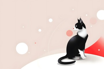 Elegant black and white cat sitting in a minimalist abstract background with circles and curves