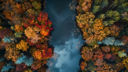 Drone shot of a dense forest with a river running