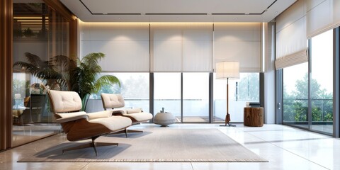 Luxurious Modern Villa Interior with Smart Shading: Automated Solar Blinds and Blackout Curtains Overlooking Natural Landscape and City Skyline. Relaxation Chair, Wooden Wall Panels, and Intelligent H