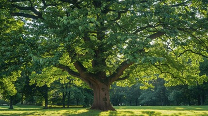 Obraz premium Large mature oak tree with lush green leaves in park