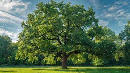 Obraz premium Large mature oak tree with lush green leaves in park