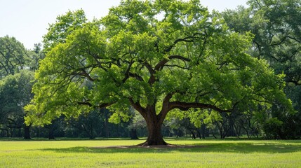 Fototapeta premium Large mature oak tree with lush green leaves in park