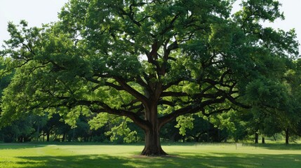Fototapeta premium Large mature oak tree with lush green leaves in park