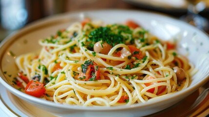 Large pasta in dish with veggies