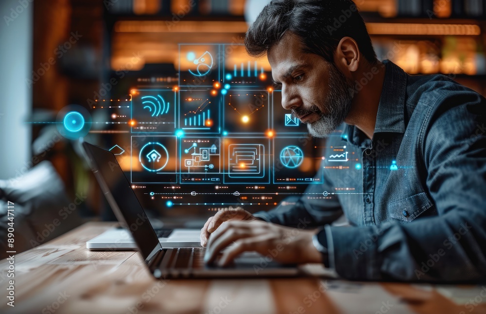 Aufkleber Digital marketing concept with a business man using a laptop computer and graphic icons of digital ads and social media networks on a virtual screen for online advertising technology. Generative AI.