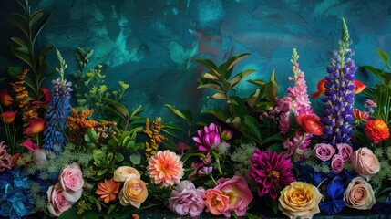 Large vivid floral display against green and blue backdrop