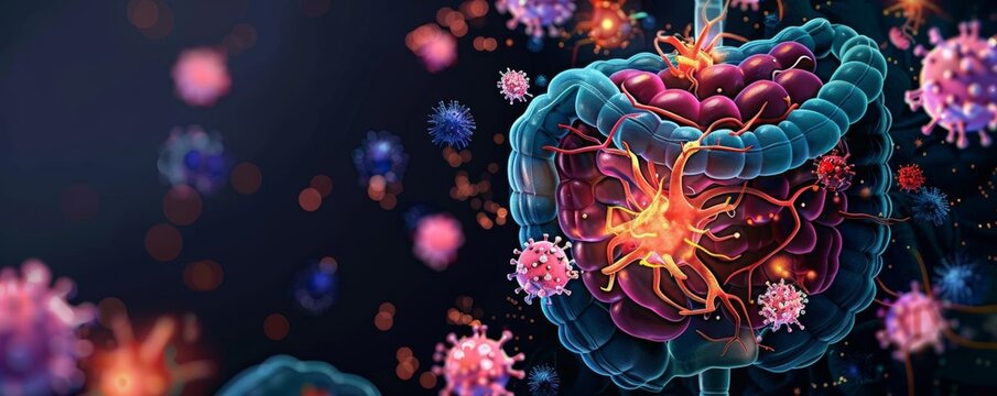 Digital representation of a healthy gut with tight junctions and immune cells, symbolizing leaky gut prevention, detailed and vibrant, dark background with glowing elements