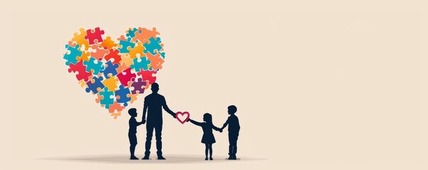 Silhouette of a family holding hands, forming a heart from interlocking puzzle pieces of various colors, symbolizing autism support, abstract style, vibrant hues, light background