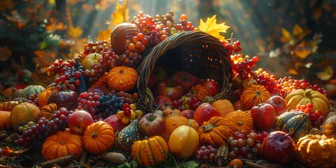 Harvest cornucopia display for National Cornucopia Day, November 20th, autumn abundance, festive setup, seasonal produce