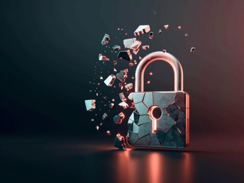 Broken padlock with shattered pieces flying, symbolizing an email security breach, dark background, glowing red highlights, cyber threat emphasis