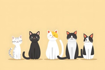 A group of five adorable cats sitting in a row against a beige background.
