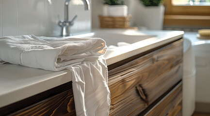 A white cloth on the washing machine, on top of an elegant wooden countertop with a modern sink and faucet in front of it. Generative AI.