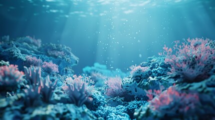 Fototapeta premium Vibrant 3D Underwater Seascape with Clay Coral Reef: Abstract Ocean Environment for Marine Conservation Awareness. Artificial Intelligence Generated Design Highlighting Aquatic Biodiversity and Ecosys