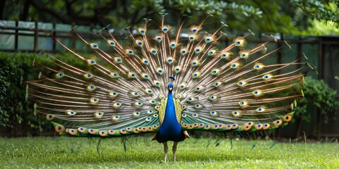 Obraz premium Magnificent Peacock Displaying Its Colorful Feathers in a Lush Garden Wildlife Portrait