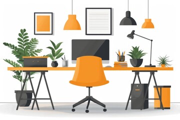 Stylish Home Office with Yellow Chair and Green Plants