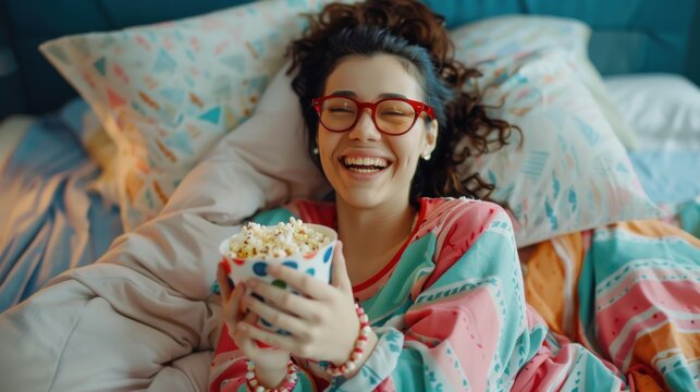 Cheerful woman with glasses, lying in bed, enjoying a bowl of popcorn, wrapped in a colorful blanket. Happy and relaxed atmosphere.