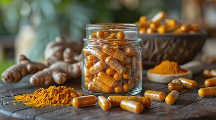 A jar of turmeric capsules, surrounded by fresh turmeric root and golden milk