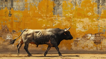 Obraz premium Bull in the Bullring: Majestic Cattle Walking with Horns Ready for the Fight