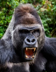 Obraz premium Großer Silberrücken Gorilla, wütendes, kraftvolles Tier, das im Dschungel brüllt. Starker, aggressiver Biest mit Zähnen, King Kong