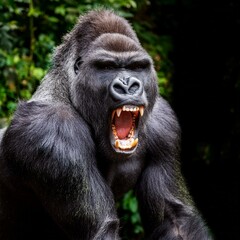 Obraz premium Großer Silberrücken Gorilla, wütendes, kraftvolles Tier, das im Dschungel brüllt. Starker, aggressiver Biest mit Zähnen, King Kong