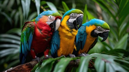 Fototapeta premium A group of three vibrant parrots displaying colorful feathers are perched on a branch amidst a lush green backdrop, showcasing the beauty of their vivid plumage.