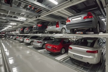 Car Park - Urban Parking Garage with Vehicles Interior Shot in City Business District