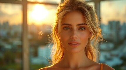 Young Woman With Blonde Hair Looks Out Window at Sunset
