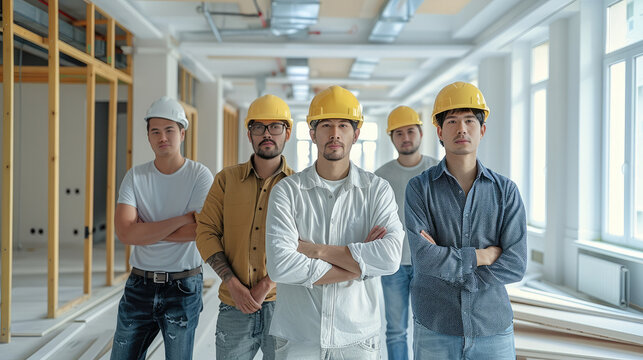 A team of remodeling services, including business people, designers, builders, customer service people, some Asian, some European, with an empty room in the background. Generative AI.