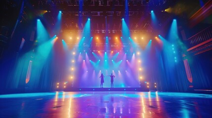 Theatre stage with actors, vibrant abstract background, dramatic lighting, studio setting, sharp realistic details