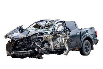 Car crash, Front and Side view of new black pickup car get damaged by accident on the road. damaged cars after collision. isolated on transparent background, PNG File