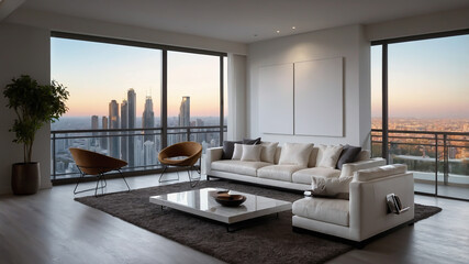 Empty white signboard in white modern living room, Ready to use, Template, Mock up poster in living room.